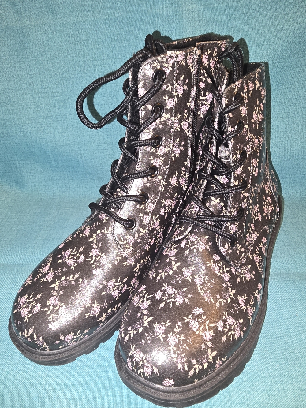 Girl's Black Floral Lace-Up Ankle Boots